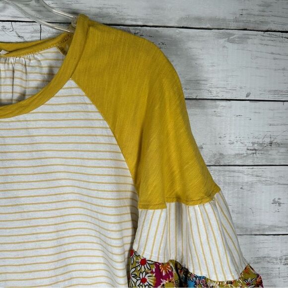 Umgee Cotton Yellow Stripe With Contrast Balloon Sleeves T-shirt Top L - Picture 4 of 8
